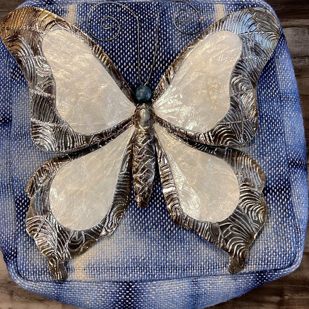 🏷️Silver and White Butterfly Decor on Blue Canvas